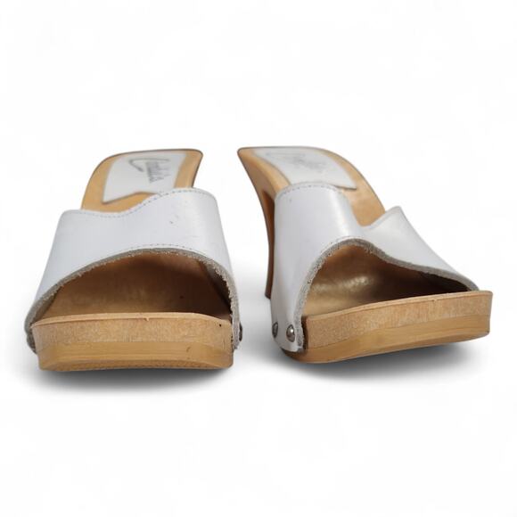 Vintage 1980s Candies White Leather Wooden Platform Mules Heels Sandals Studded - Picture 9 of 13
